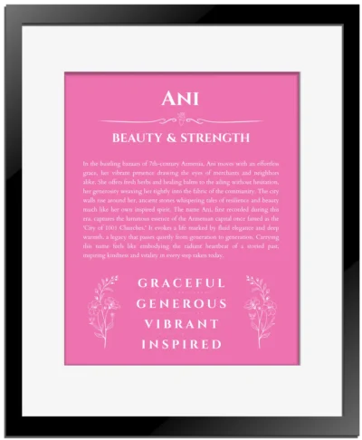 Ani custom name meaning print in pink with black matte frame