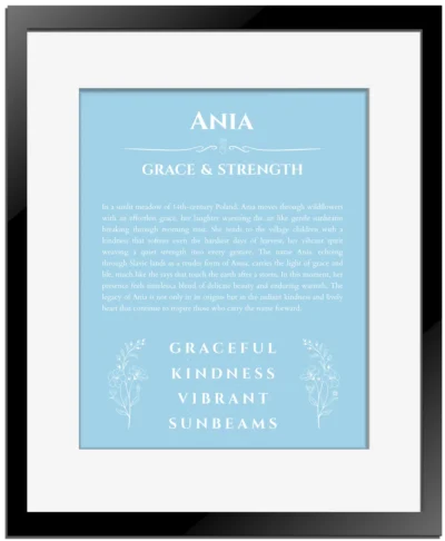 Ania name meaning gift print in light blue with black matte frame
