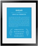 Aniah personalized name meaning print in blue with black matte frame