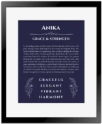 Anika personalized name meaning print in navy blue with black matte frame