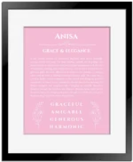 Anisa custom name meaning print in light pink with black matte frame