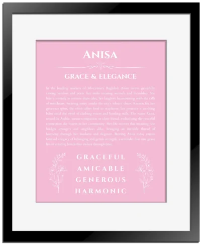Anisa custom name meaning print in light pink with black matte frame