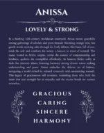 Anissa name origin print with meaning and traits in navy blue