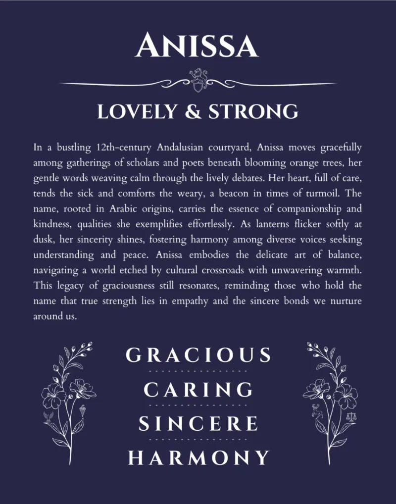Anissa name origin print with meaning and traits in navy blue