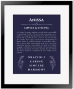 Anissa name origin print with meaning and traits in navy blue with black matte frame