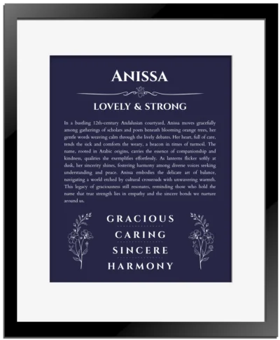 Anissa name origin print with meaning and traits in navy blue with black matte frame