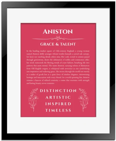 Aniston custom name print for wall display in red with black matte frame