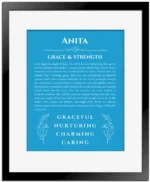 Anita personalized wall art with the story of your name in blue with black matte frame
