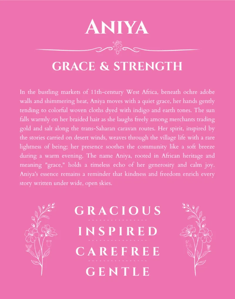 Aniya personalized name print with origin and traits in pink
