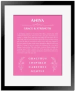 Aniya personalized name print with origin and traits in pink with black matte frame