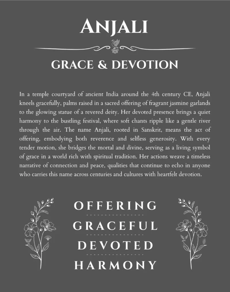 Anjali name origin print with meaning and traits in gray