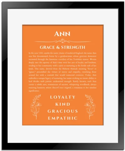 Ann custom name meaning print in orange with black matte frame
