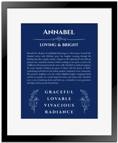 Annabel custom name art showing meaning and origin in deep blue with black matte frame
