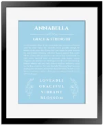 Annabella custom name art showing meaning and origin in light blue with black matte frame