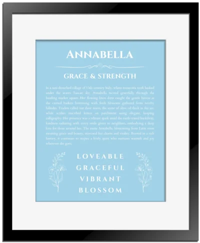 Annabella custom name art showing meaning and origin in light blue with black matte frame