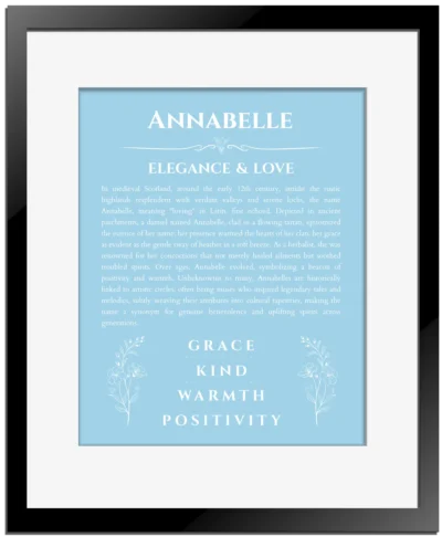 Annabelle custom name meaning print in light blue with black matte frame