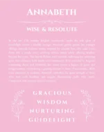 Annabeth personalized name print with origin and traits in light pink