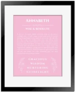 Annabeth personalized name print with origin and traits in light pink with black matte frame