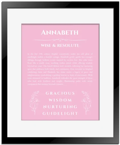 Annabeth personalized name print with origin and traits in light pink with black matte frame