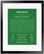 Annalee personalized name meaning print in dark green with black matte frame