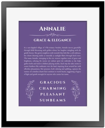 Annalie custom name meaning print in purple with black matte frame