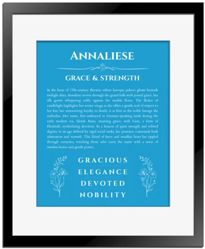 Annaliese custom name art showing meaning and origin in blue with black matte frame