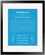 Annalisa custom name art showing meaning and origin in blue with black matte frame