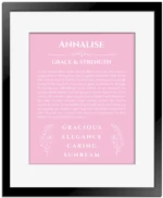 Annalise personalized name art with origin story in light pink with black matte frame