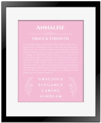 Annalise personalized name art with origin story in light pink with black matte frame