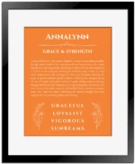 Annalynn custom name meaning print in orange with black matte frame
