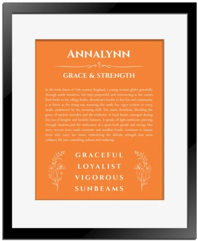 Annalynn custom name meaning print in orange with black matte frame