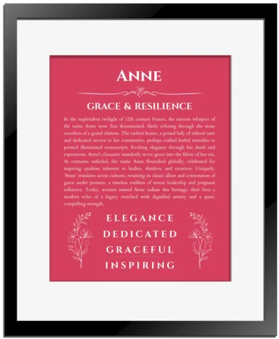 Anne name origin print with meaning and traits in red with black matte frame