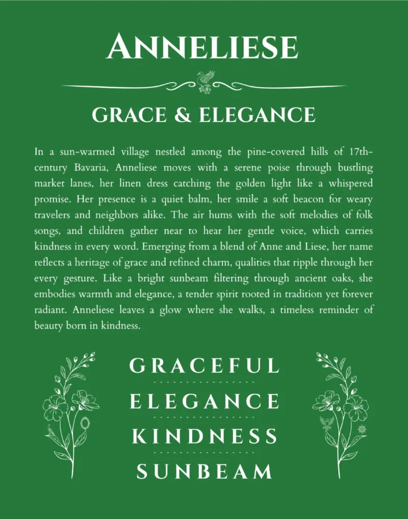 Anneliese personalized name print with origin and traits in dark green