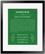 Anneliese personalized name print with origin and traits in dark green with black matte frame