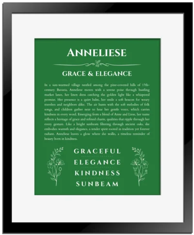Anneliese personalized name print with origin and traits in dark green with black matte frame