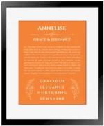 Annelise personalized name meaning print in orange with black matte frame