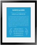 Annemarie personalized wall art with the story of your name in blue with black matte frame