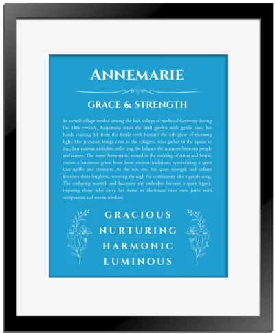 Annemarie personalized wall art with the story of your name in blue with black matte frame