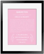 Annette custom name meaning print in light pink with black matte frame