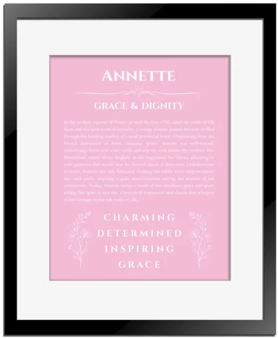Annette custom name meaning print in light pink with black matte frame