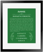 Annie personalized wall art with the story of your name in dark green with black matte frame