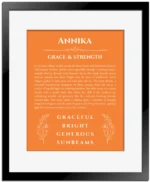Annika name meaning gift print in orange with black matte frame