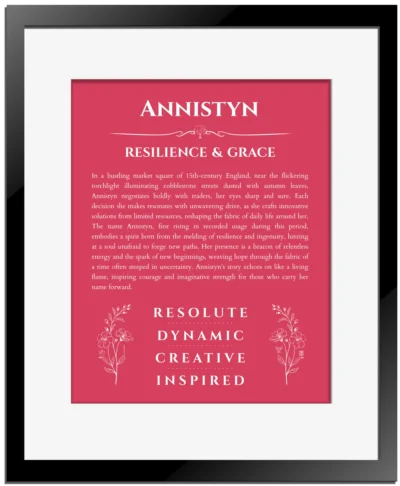 Annistyn personalized name print with origin and traits in red with black matte frame