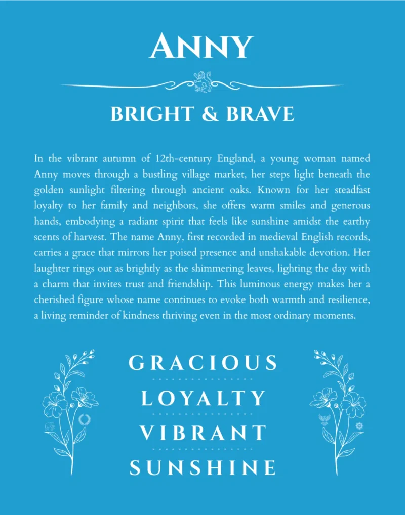 Anny personalized name art with origin story in blue
