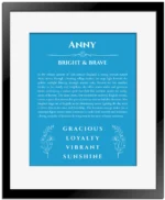 Anny personalized name art with origin story in blue with black matte frame