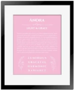 Anora name origin print with meaning and traits in light pink with black matte frame
