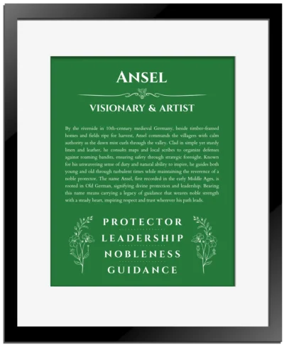 Ansel custom name print for wall display in dark green with black matte frame