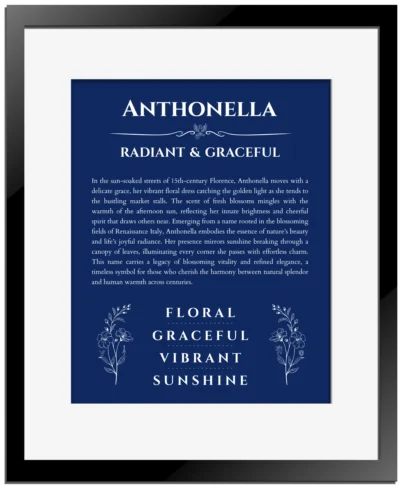 Anthonella name meaning gift print in deep blue with black matte frame