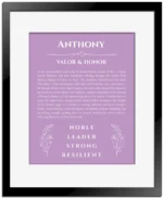 Anthony personalized wall art with the story of your name in light purple with black matte frame