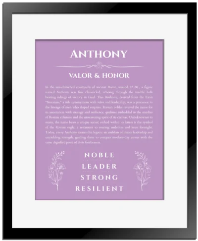 Anthony personalized wall art with the story of your name in light purple with black matte frame